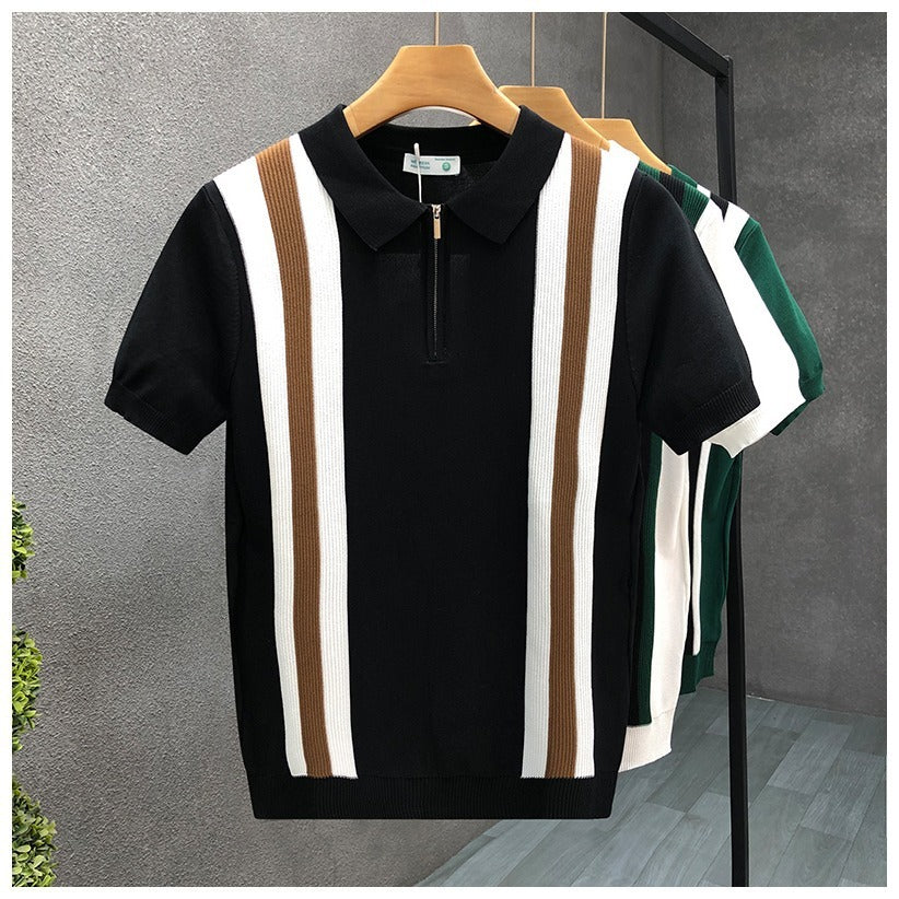 Contrast Color Lapels Half Zipper Knitted Short Sleeve