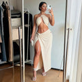 Women Summer Sexy Halter Neck Top and Slit Skirt Two-Piece Set
