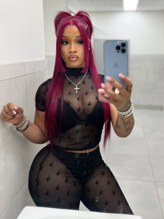 Women's Sexy Flocked Sheer Mesh Two-Piece Fashion Shorts Set