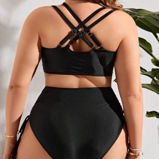Plus Size Women Drawstring High Waist Hollow Out Two-Piece Swimsuit