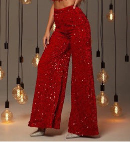 Women'S Spring Summer Casual Solid Color Sequin Mid-Waist Wide-Leg Pants