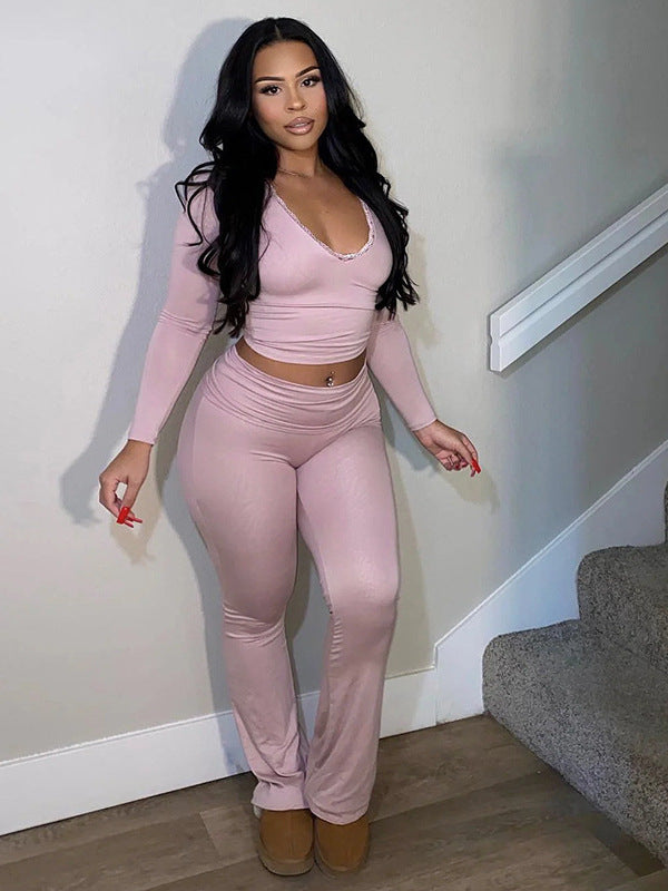 Women Sexy Lace Deep V-Neck Long Sleeve Pants Two-Piece Set