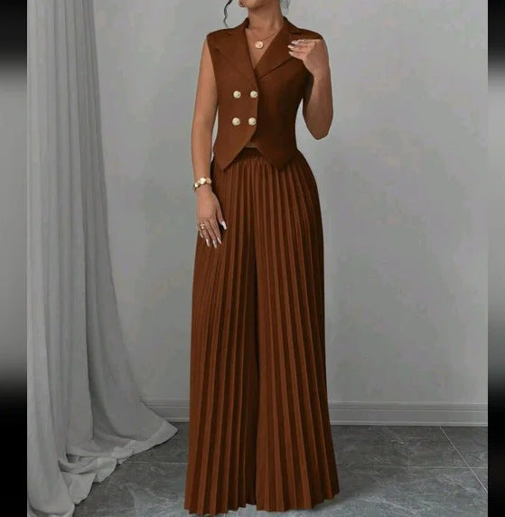Women's Sleeveless Vest & Pleated Pants Suit Set - Fashion Two-Piece