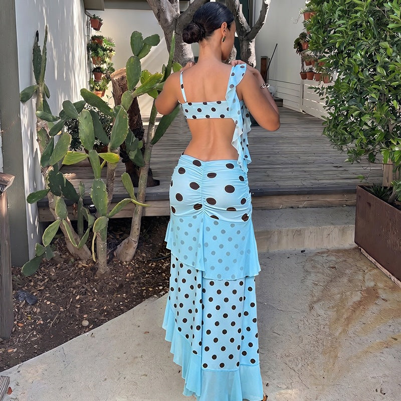 Women Summer Sexy Camisole Top and Slit Ruffle Skirt Two-Piece Set