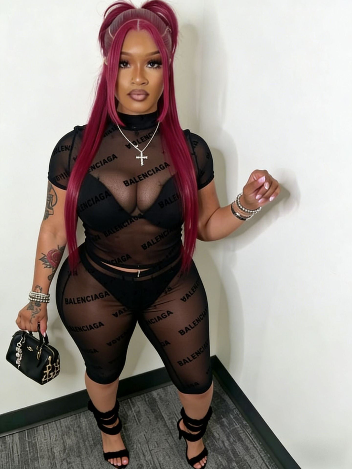 Women's Sexy Flocked Sheer Mesh Two-Piece Fashion Shorts Set