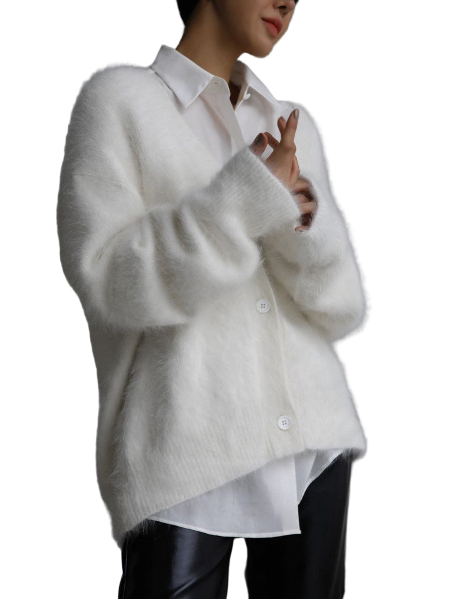 Women's Loose V-Neck Button Knitted Cardigan Sweater - Fall & Winter Top