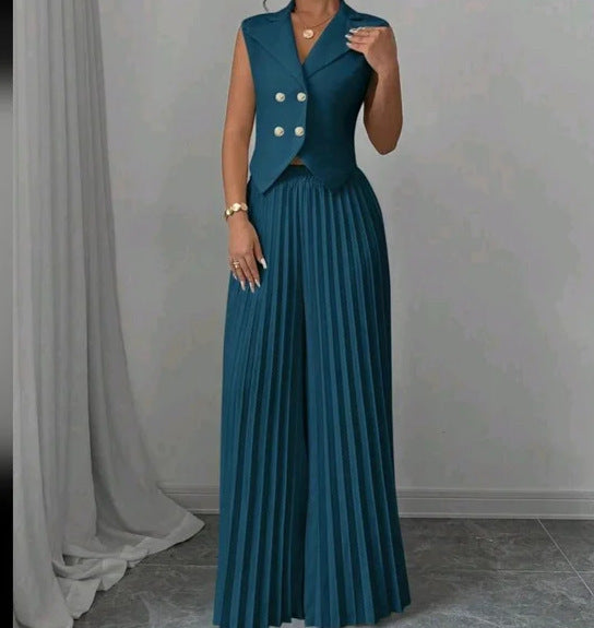Women's Sleeveless Vest & Pleated Pants Suit Set - Fashion Two-Piece