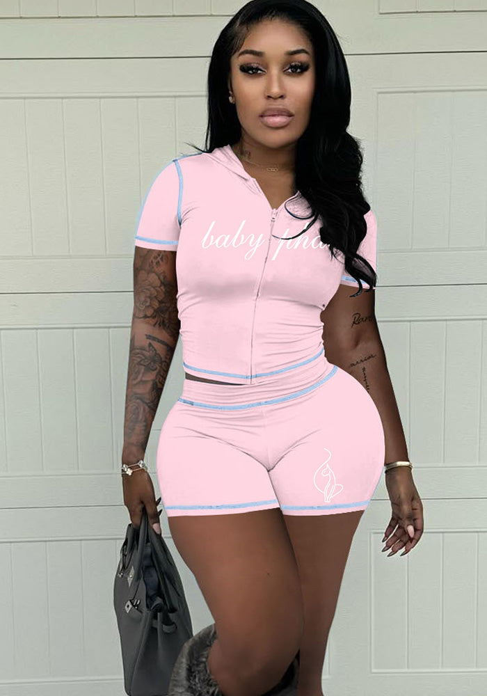 Summer Women High-Stretch Zip Hooded Casual Short Sleeve Top Shorts Two-Piece Set