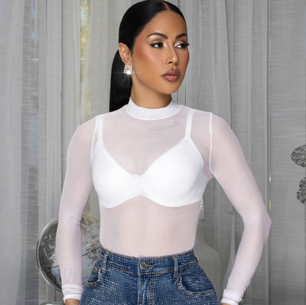 Women Summer Long Sleeve Mesh See-through Slim Fit Bodysuit