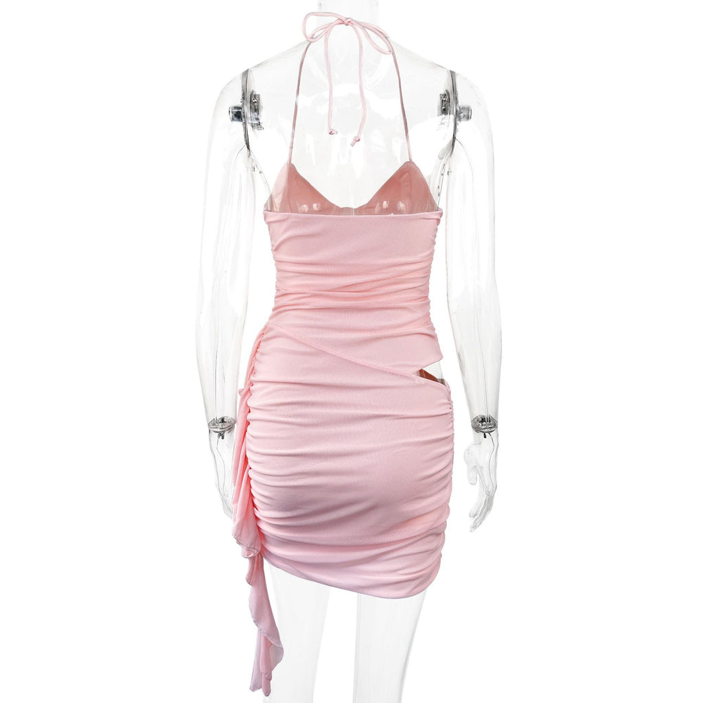 Women summer sexy solid tie Halter neck mesh dress