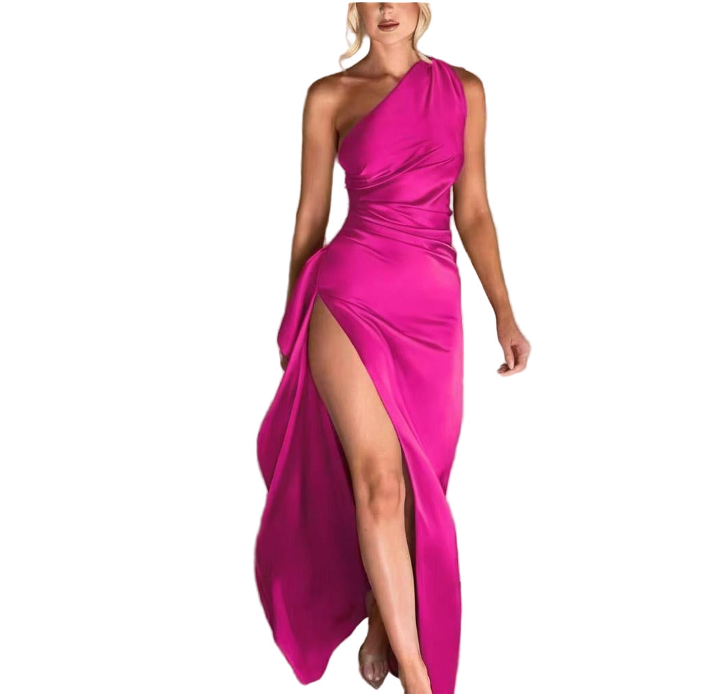 Sexy One-shoulder Backless Slit Dress Summer Elegant Slim-fit Solid Color Satin Dresses For Women