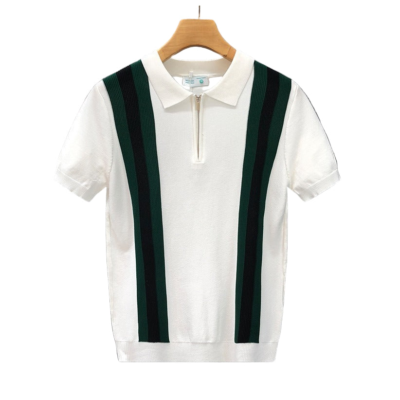 Contrast Color Lapels Half Zipper Knitted Short Sleeve