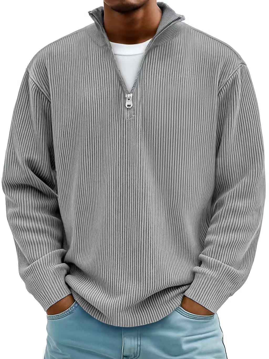 Men's Corduroy Zipper Stand Collar Sweatshirt - Casual Polo Top