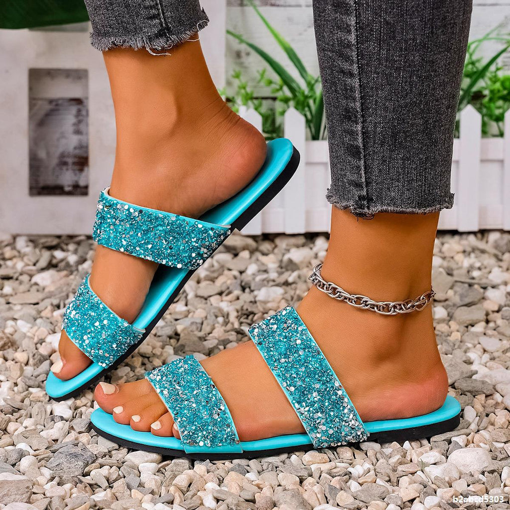 Plus Size Women Summer Rhinestone Casual Beach Slides