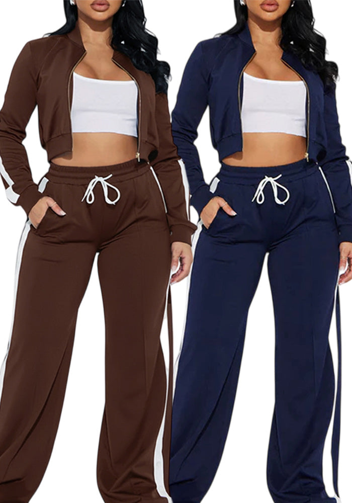 Women Sport Casual Side Stripe Long Sleeve Zipper Jacket Wide-Leg Pants Two-Piece Set