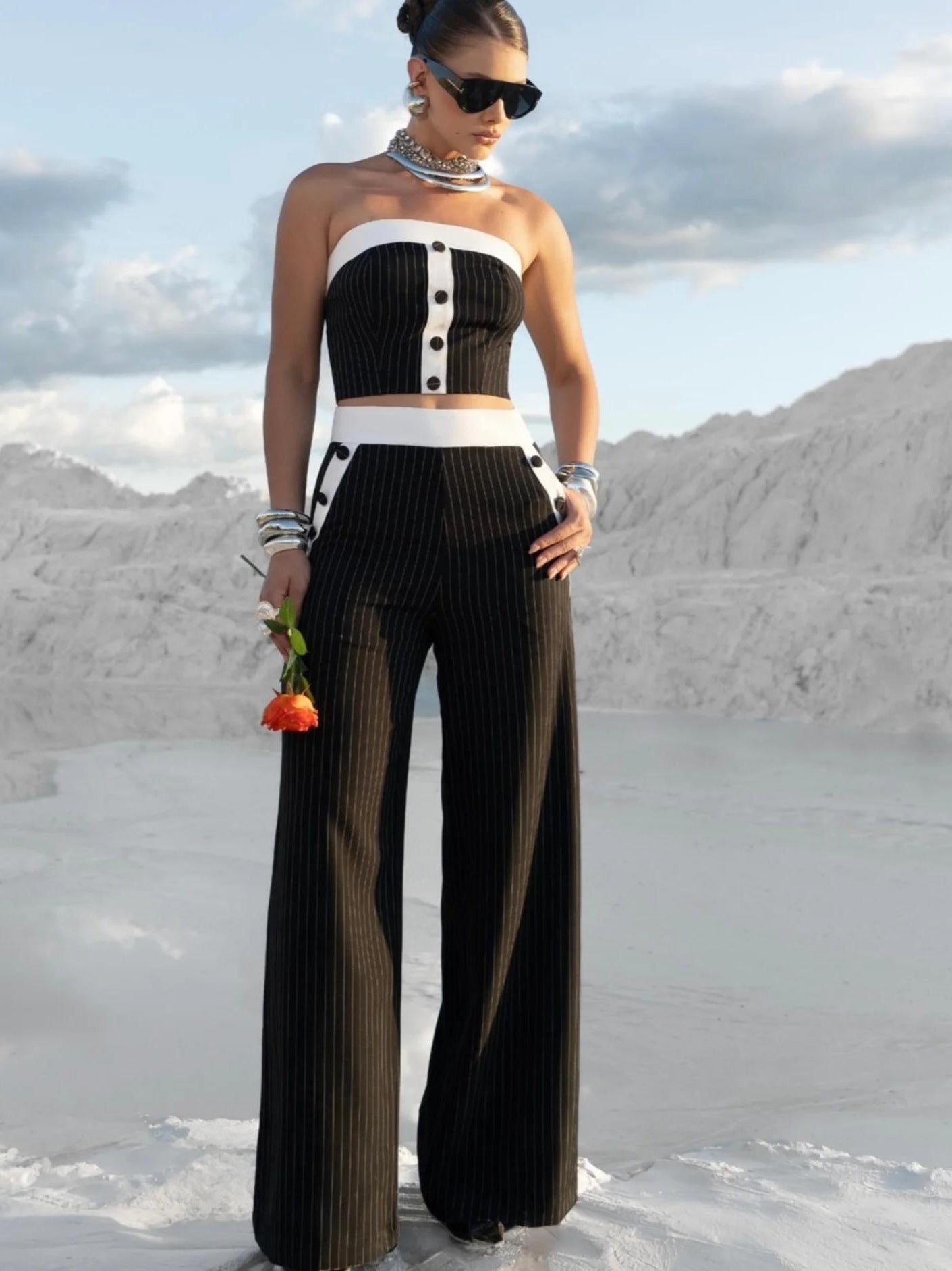 Summer Women Strapless Striped Pants Set Sexy Fashion Two-Piece Set