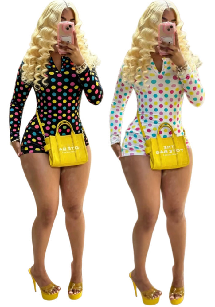 Women Autumn Polka Dot Print Long-Sleeve Top and Shorts Two-Piece Set