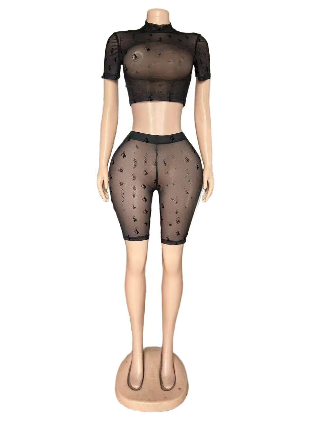 Women's Sexy Flocked Sheer Mesh Two-Piece Fashion Shorts Set