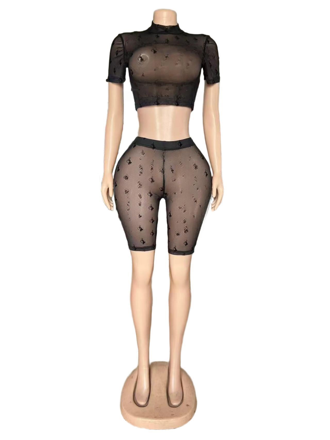 Women's Sexy Flocked Sheer Mesh Two-Piece Fashion Shorts Set