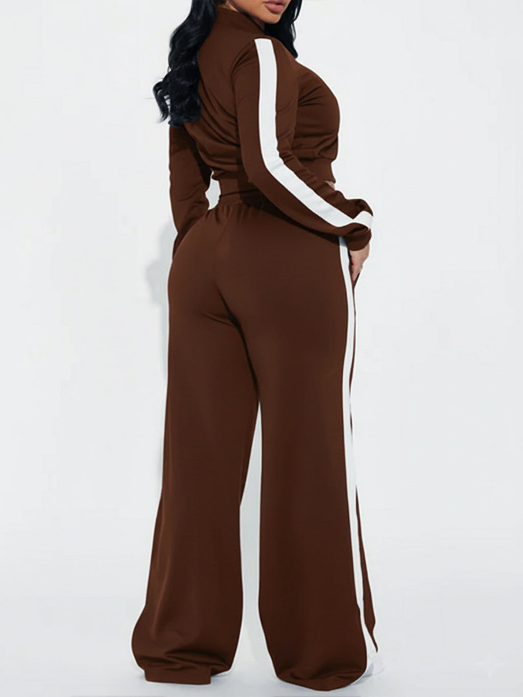 Women Sport Casual Side Stripe Long Sleeve Zipper Jacket Wide-Leg Pants Two-Piece Set