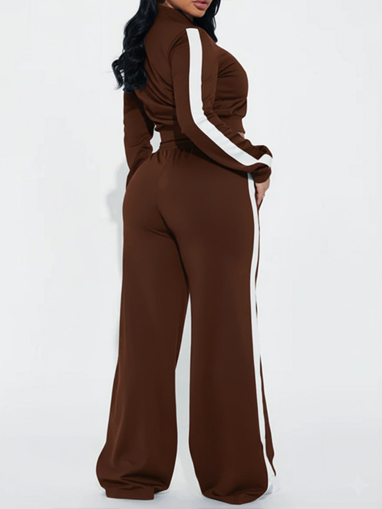 Women Sport Casual Side Stripe Long Sleeve Zipper Jacket Wide-Leg Pants Two-Piece Set