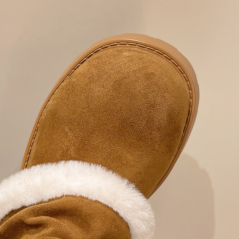 Women's Brown Suede Snow Boots Paired With White Fluffy Thick-soled Martin-style Short Boots, Comfortable Winter Ankle Boots
