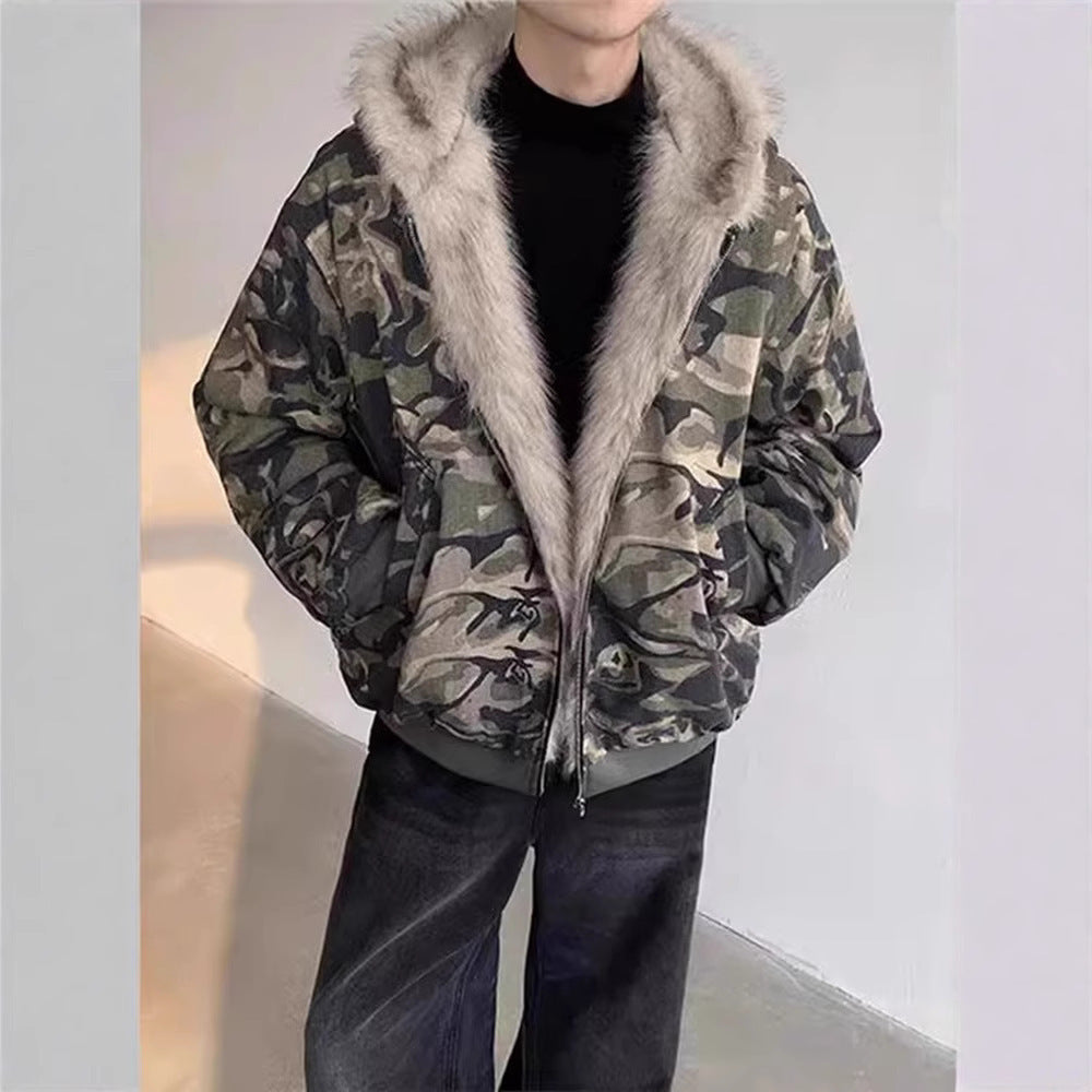 Men's Camo Fur Collar Hooded Jacket - Thickened Winter Coat