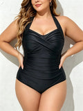 Plus Size Women Tie Back Cross Strap One-Piece Swimsuit