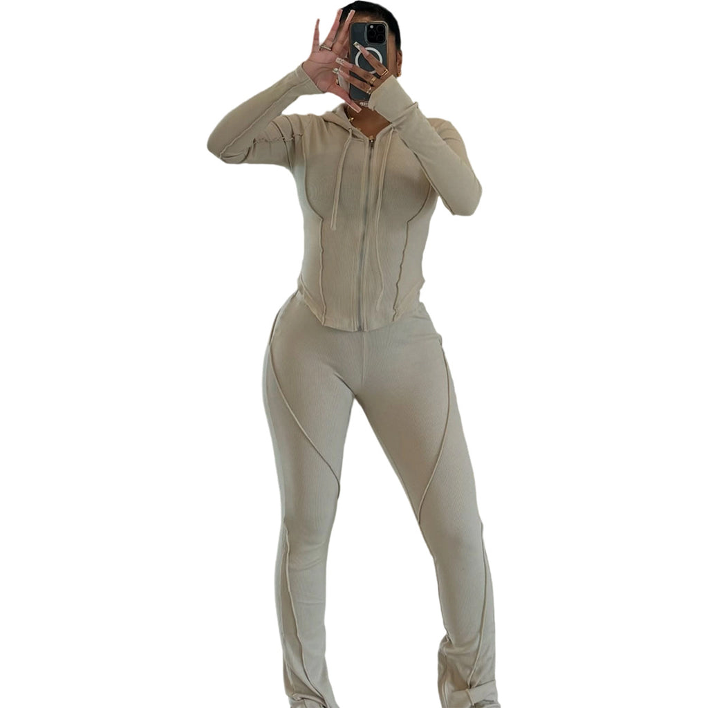 Women Autumn/Winter Ribbed Patchwork Casual Top And Pant Two-Piece Set