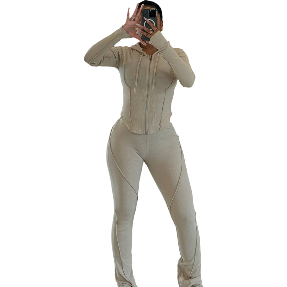 Women Autumn/Winter Ribbed Patchwork Casual Top And Pant Two-Piece Set