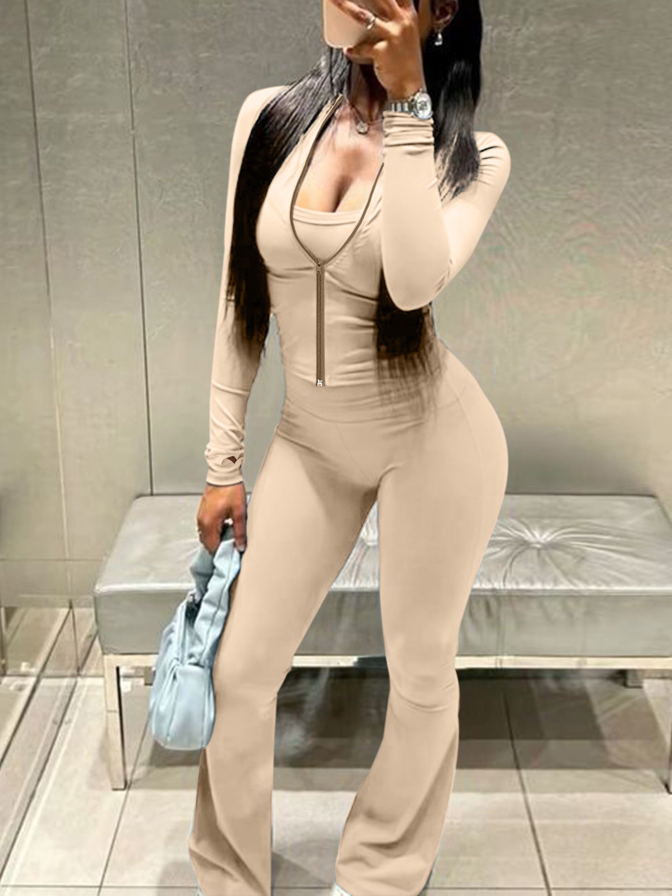 Women Casual Top And Bell Bottom Long Pants Two Piece Set