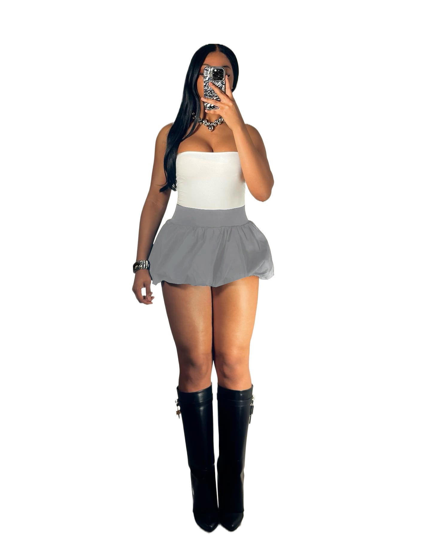 Women's Solid Stretch Bubble Skirt — Pleated Mini Skirt