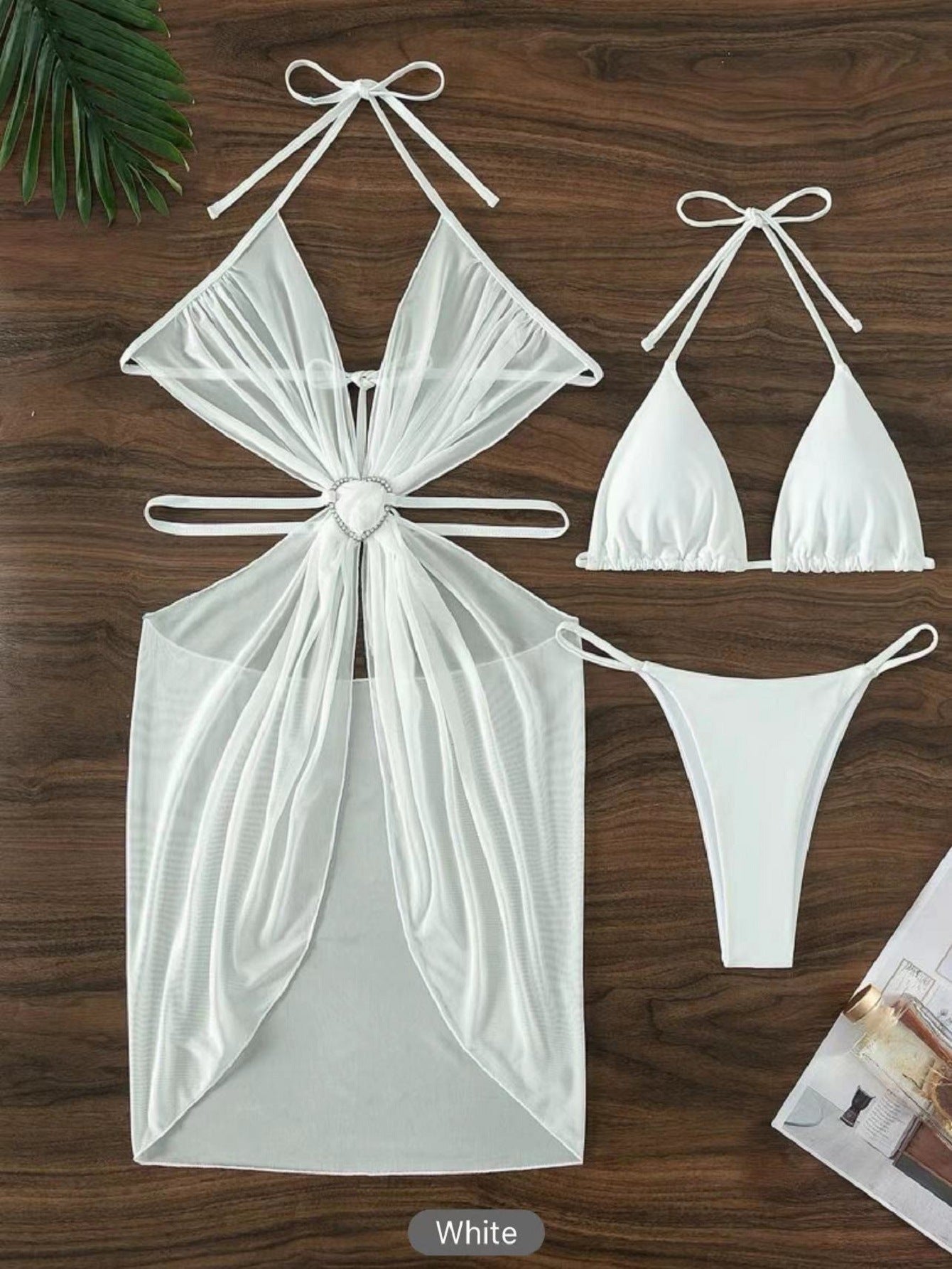 Women's 3-Piece Halter Neck Bikini Set - Solid Color Split Swimsuit