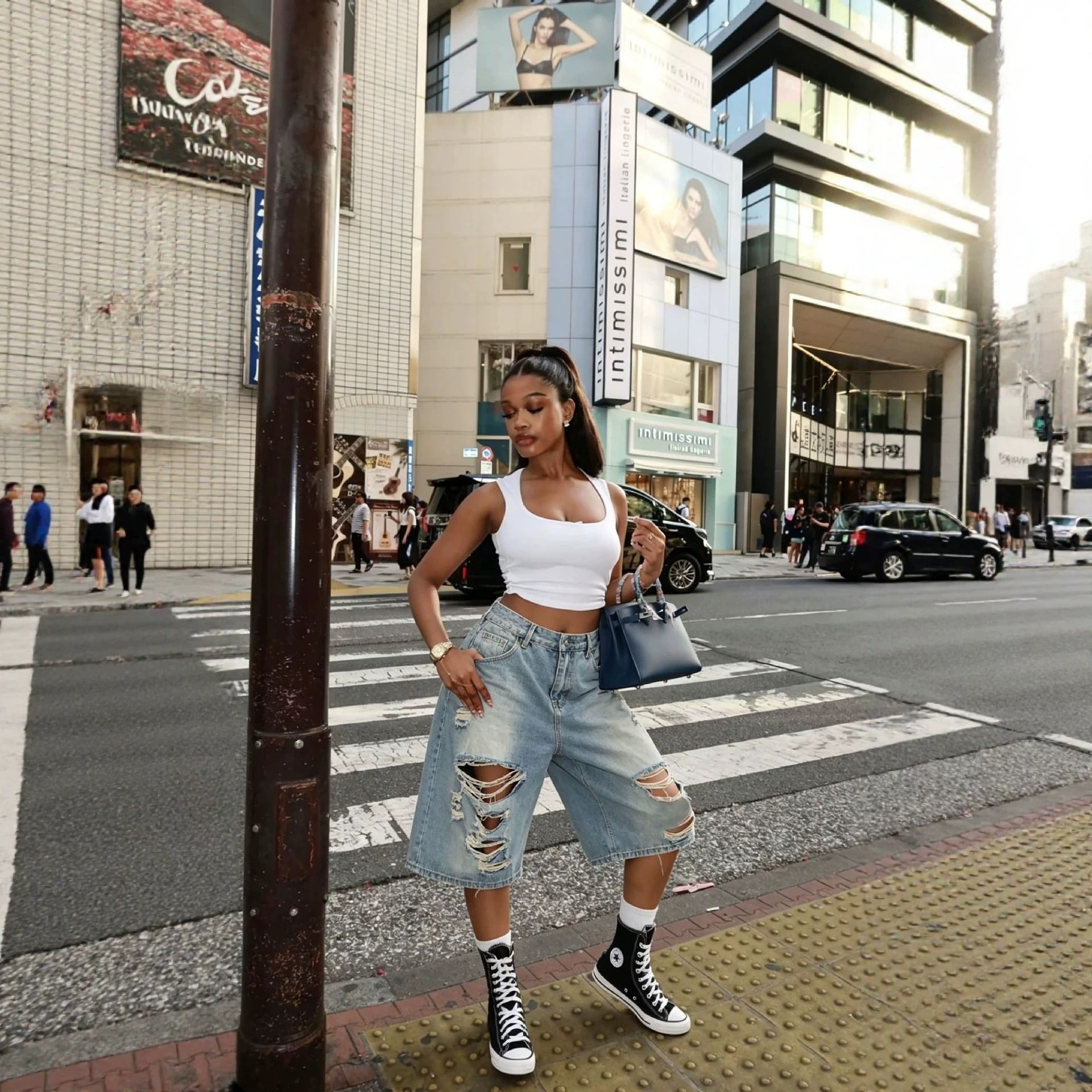 Women Ripped Washed Denim Bermuda Shorts