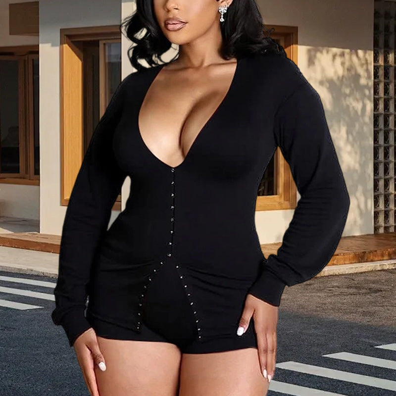 Sexy Casual V-Neck Long Sleeve Tight Fitting Solid Top And Shorts Set