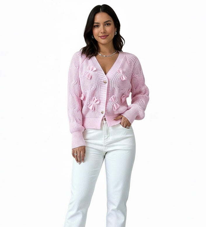 Women's Bow Cropped Cardigan - Long Sleeve V-Neck Button Down Knit Sweater Top