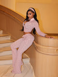 Women Casual Printed Zipper Long-Sleeve Crop Top with Tie-Waist Pants Two-Piece Set