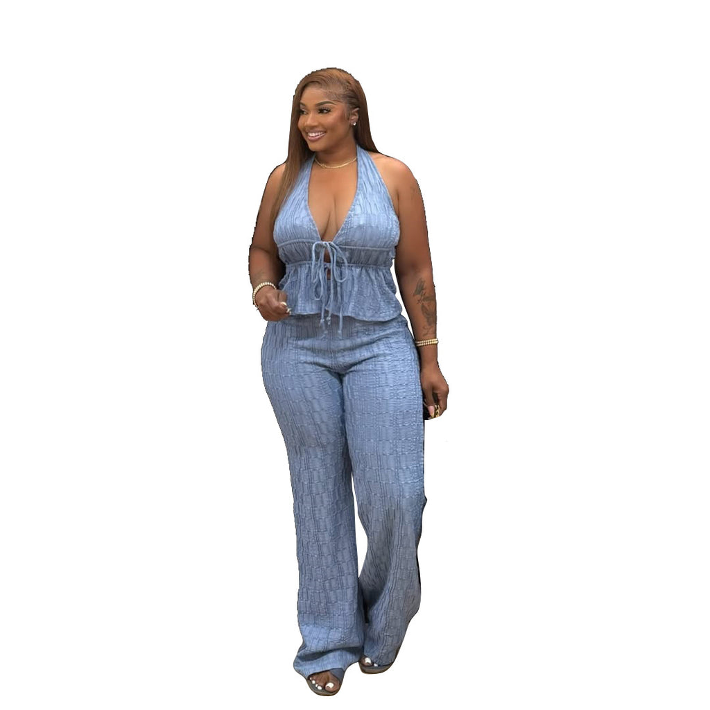 Women Casual Jacquard Sleeveless Slim Fit Pants Set