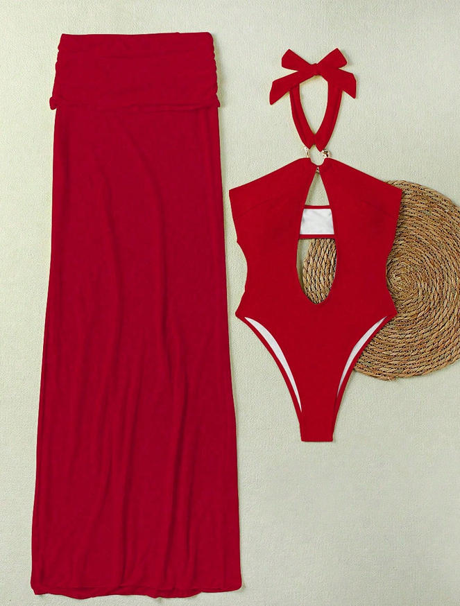 Women's Solid Sexy Hollow Halter Neck One-Piece Swimsuit Skirt Two-Piece Set