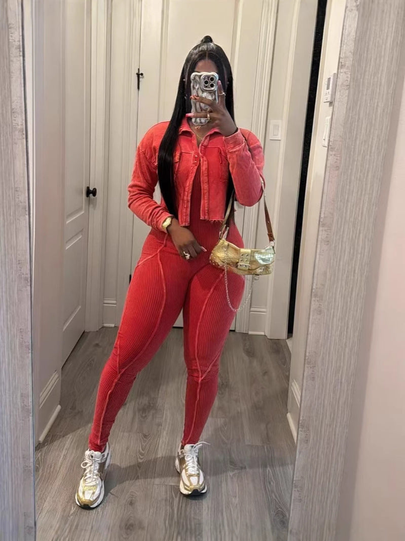 Fashion Women'S Solid Color Tight Slim Jumpsuit Coat Casual Two-Piece Set
