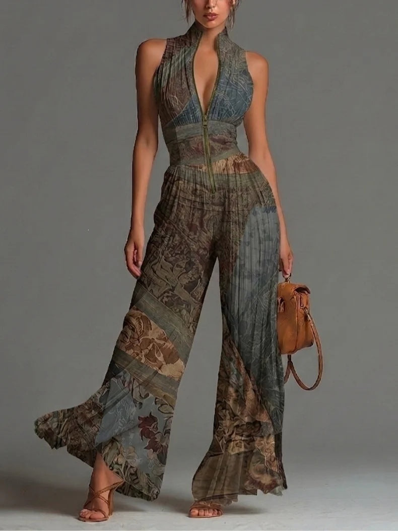 Women's Fashion Sexy Pleated Halter Neck Wide Leg Jumpsuit