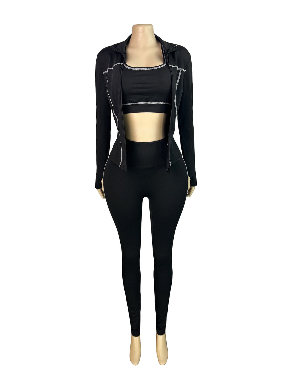 Women Zippered Thumb-Sleeve Long-Sleeved Top And Pants Three-Piece Set