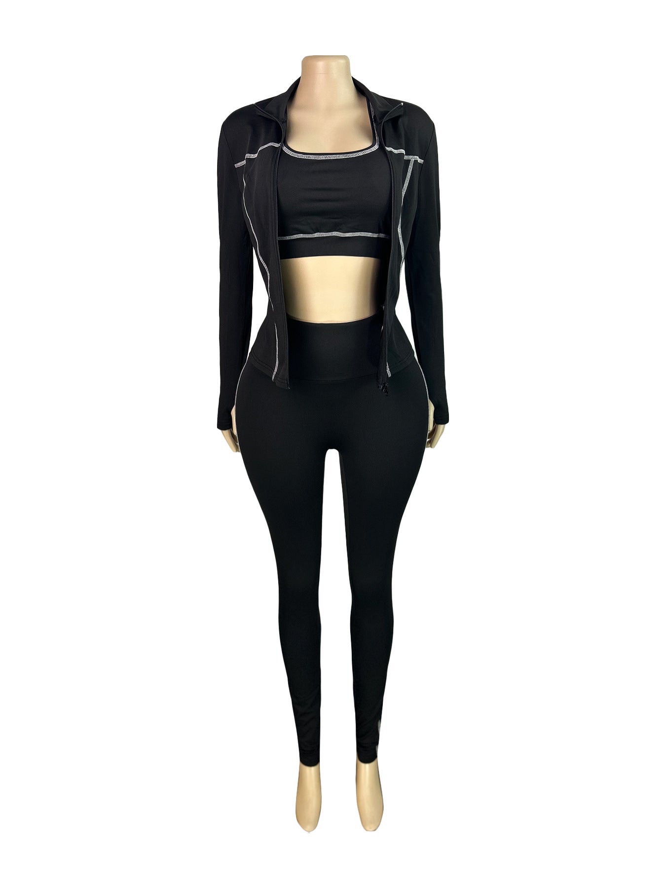 Women Zippered Thumb-Sleeve Long-Sleeved Top And Pants Three-Piece Set
