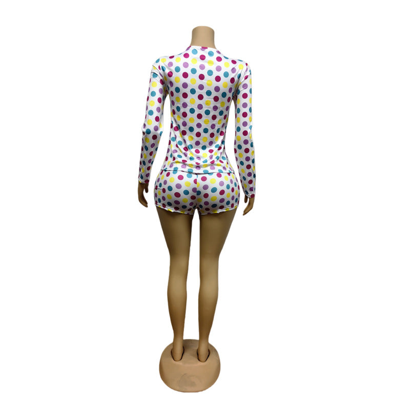 Women Autumn Polka Dot Print Long-Sleeve Top and Shorts Two-Piece Set