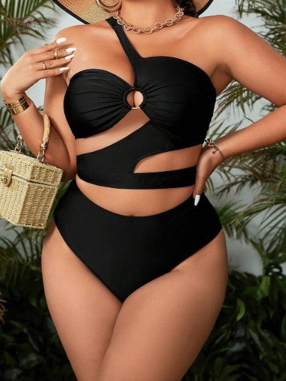 Plus Size Women Sexy One-Shoulder Hollow-Out Two-Piece Swimwear