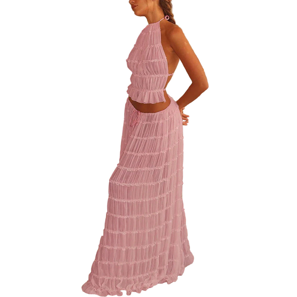 2pcs Women's Dress Suit Sexy Sleeveless Backless Cropped Halter Top And Pleated Long Skirt Beach Clothing