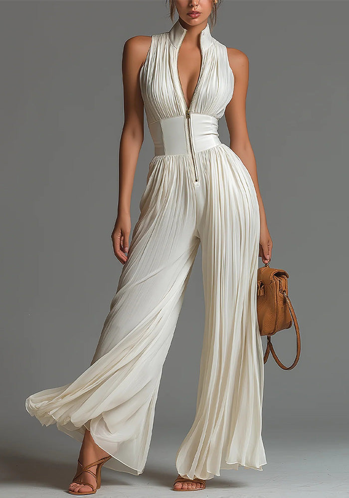 Women's Fashion Sexy Pleated Halter Neck Wide Leg Jumpsuit