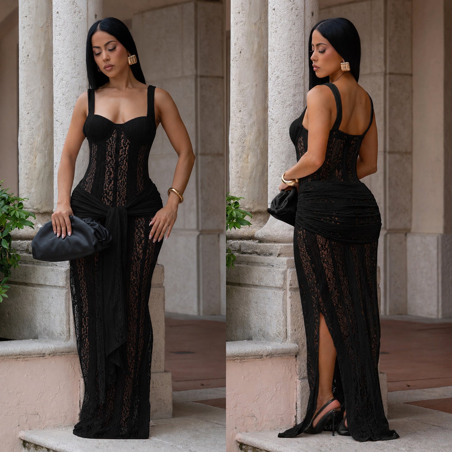 Women Sexy See-Through Lace Strap Bodycon Dress