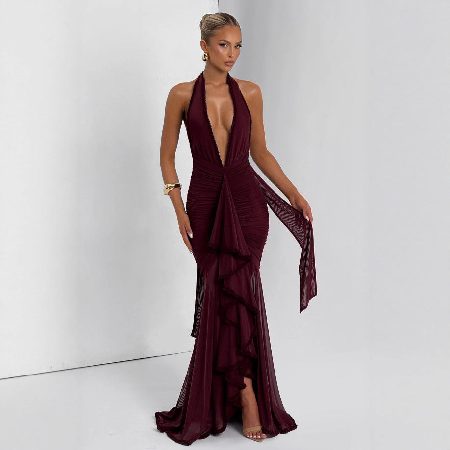 Women Sexy Stretch Suspender Solid V-Neck Dress
