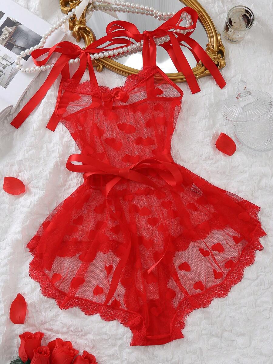 Women Heart Print Mesh Irregular Pearl Backless Nightdress Sexy Lingerie Set